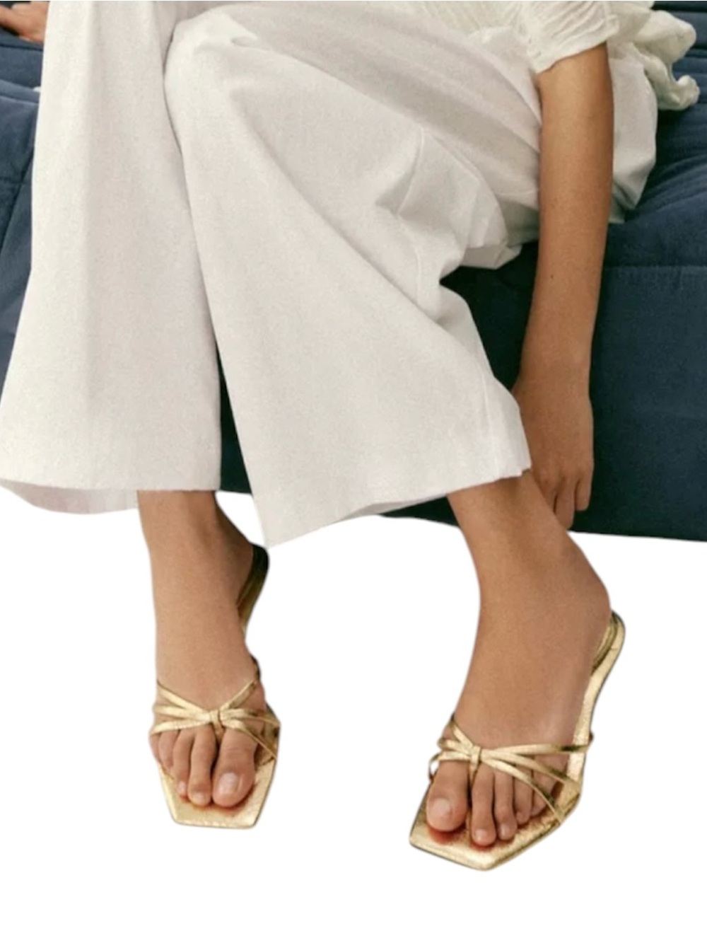 Zara Metallic Gold Strappy Slip Ons Square-Toe Low-Heel Sandals Size 6US 36EUR